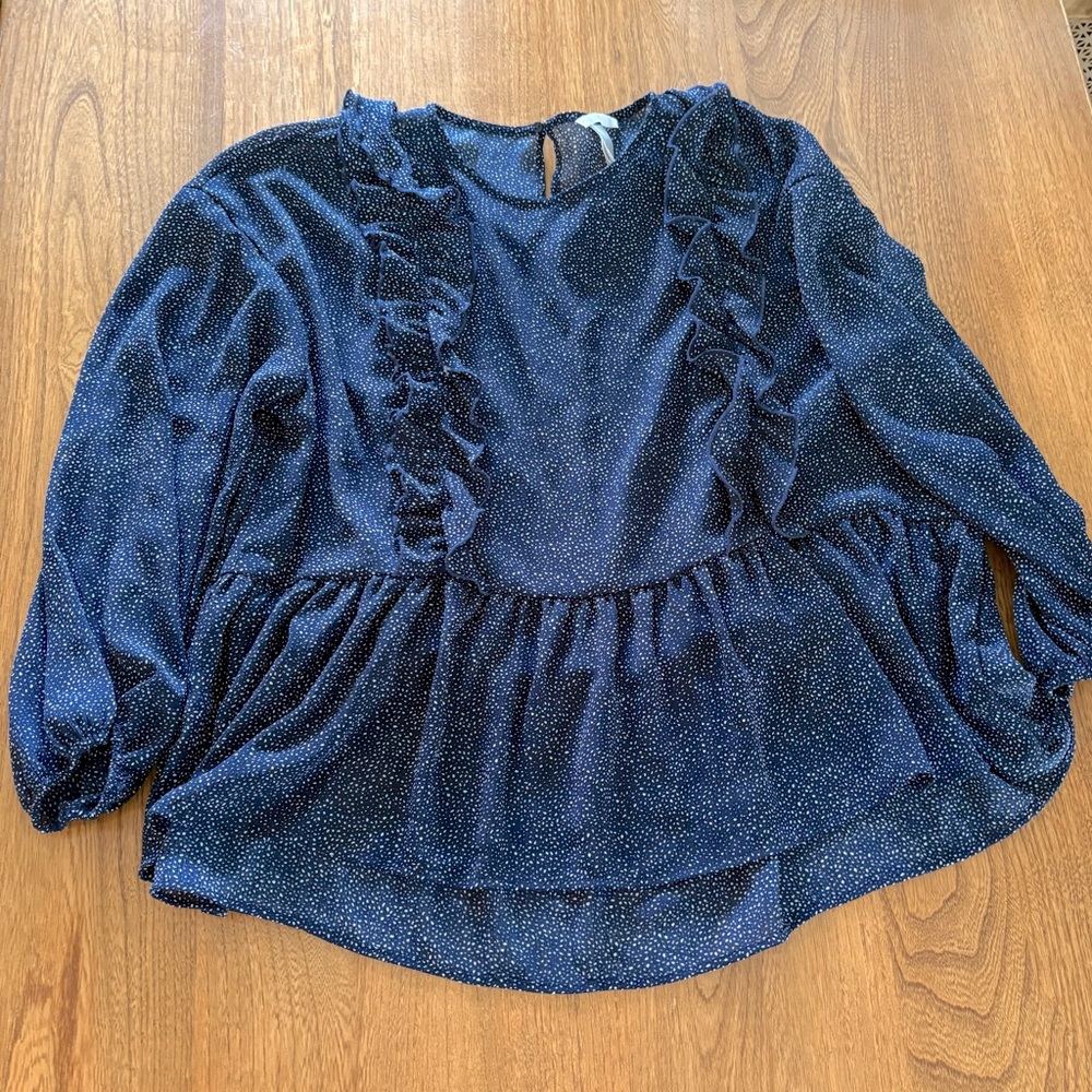 H&M Blouse Ruffles Peasant Long Sleeve Shirt Flowy Navy Blue Dots Size 12 Large